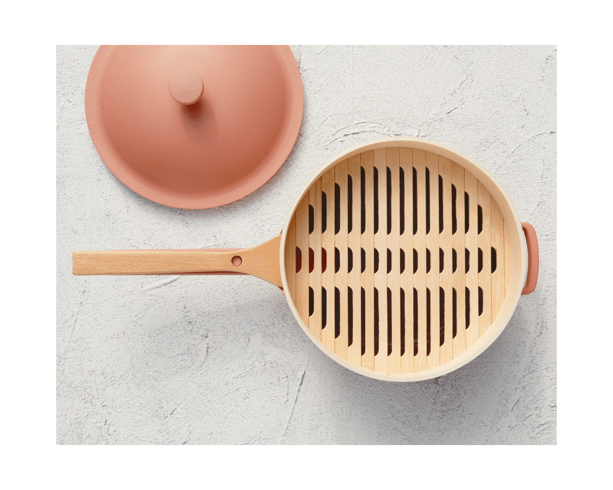 Spruce Steamer basket on top of Always Pan frying pan