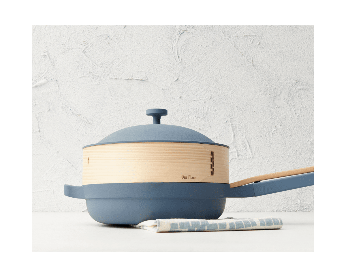 Spruce Steamer Basket on top of Always Pan ceramic nonstick frying pan