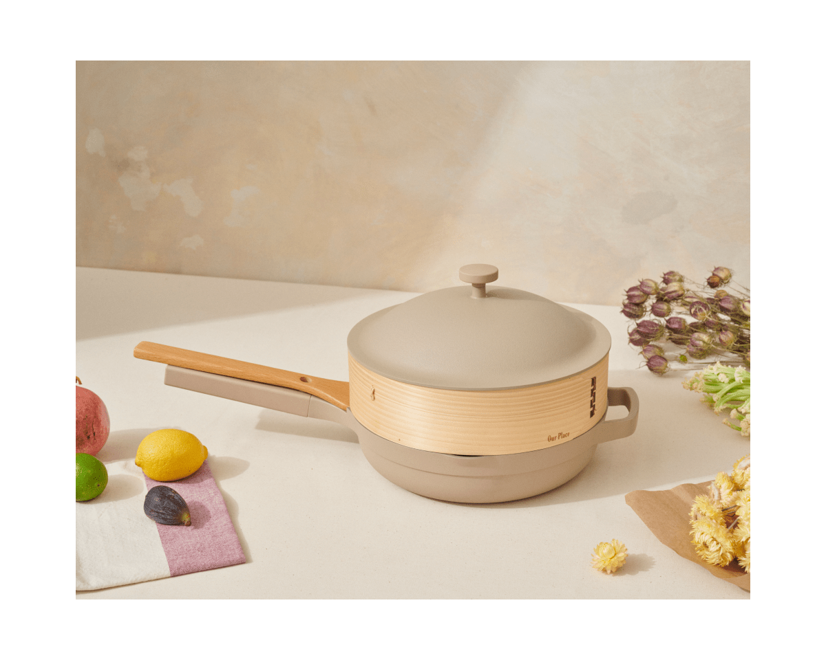 Spruce Steamer Basket on top of Always Pan ceramic nonstick frying pan