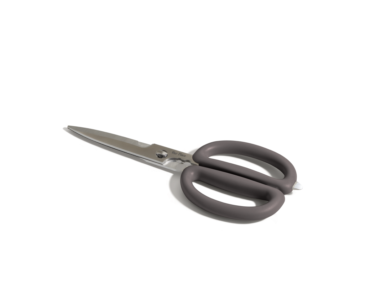 The Shear Genius stainless steel kitchen shears, featuring large gray handles, are displayed on a white background to highlight their versatile multifunctional design.