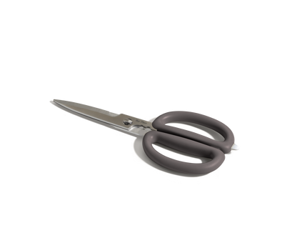 The Shear Genius stainless steel kitchen shears, featuring large gray handles, are displayed on a white background to highlight their versatile multifunctional design.
