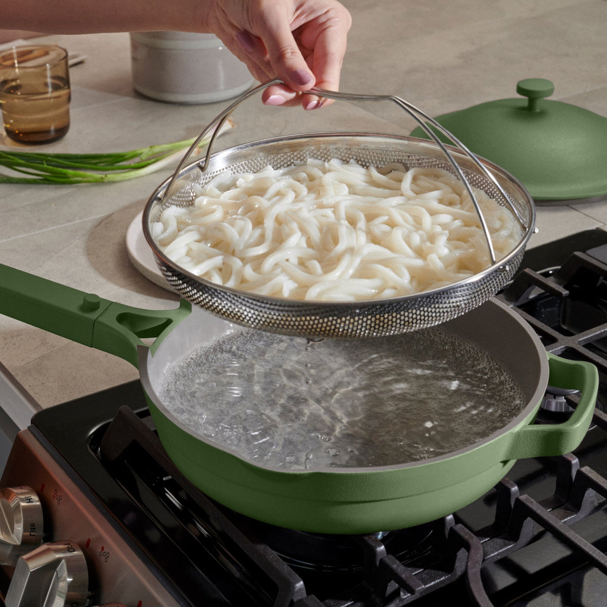 green non toxic ceramic nonstick always pan on stovetop with noodles