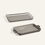 An Oven Rack sits above a matching Griddle Pan with handles, both featuring a rectangular design and displayed on a plain light background.