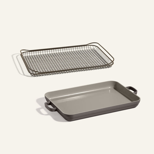 An Oven Rack sits above a matching Griddle Pan with handles, both featuring a rectangular design and displayed on a plain light background.
