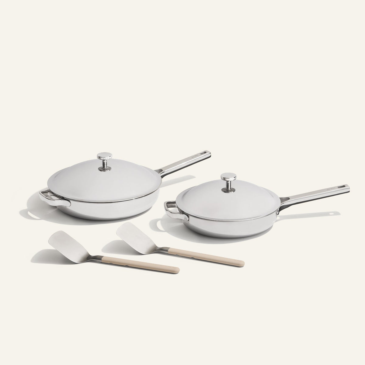chrome titanium large always pan and always pan pro with stainless steel spatulas