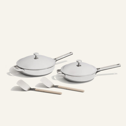 chrome titanium large always pan and always pan pro with stainless steel spatulas
