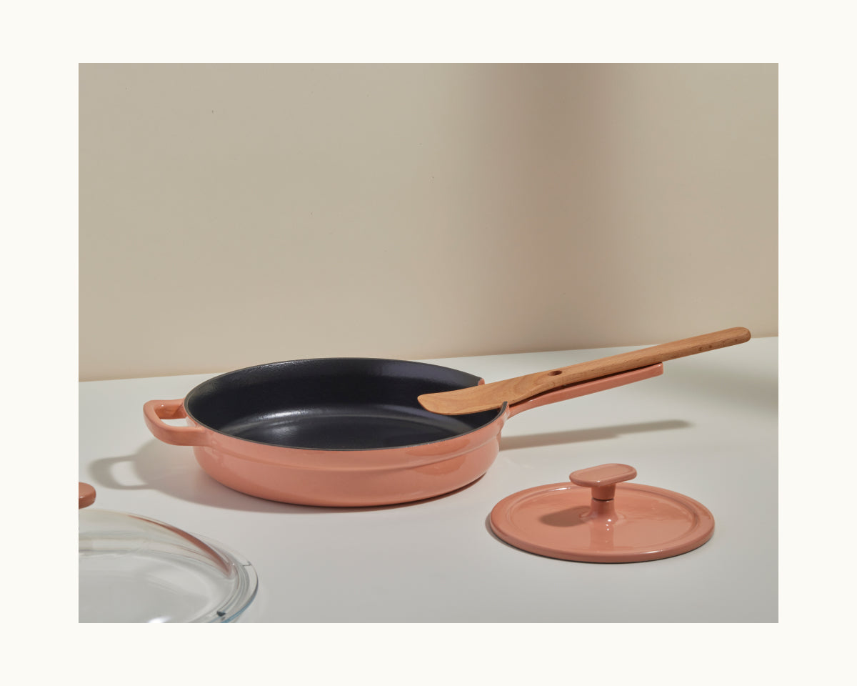 Pink Grill Press paired with a pink Cast Iron Always Pan