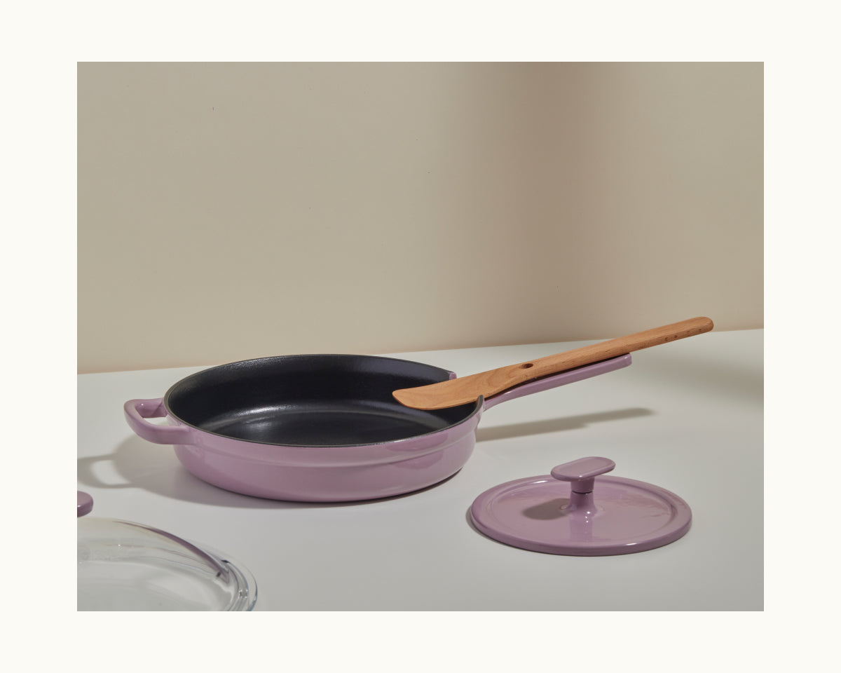 Purple Grill Press paired with purple Cast Iron Always Pan
